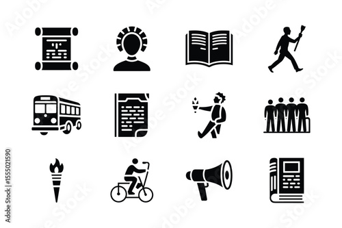 Scroll book bus person with torch bicycle megaphone and group document open book