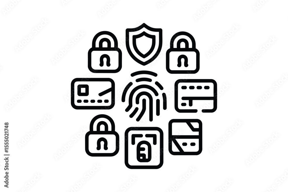Security icons fingerprint shield padlock credit cards protection Security icons fingerprint shield padlock credit cards protection