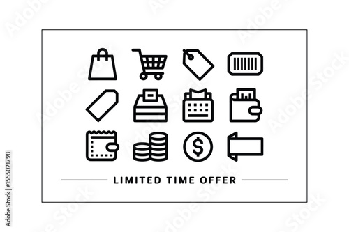 Shopping icons and limited time offer text shopping bag shopping cart