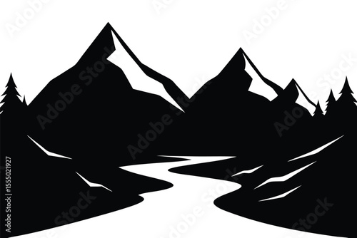 Landscape with silhouettes of mountains and Mountain river. Nature background. Vector illustration. Old style black and white mountain vector design