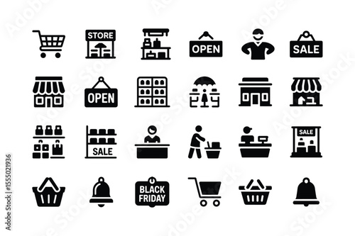 Shopping retail store icons and symbols shopping cart open sign