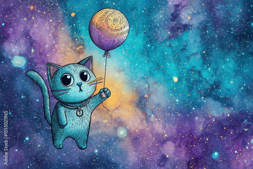 Cartoon space cat holding a balloon, floating in galaxy