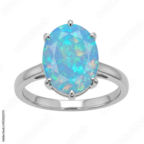 Elegant opal ring featuring a stunning blue gemstone, set against a clean white background