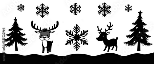 A collection of winter silhouettes with reindeer and snowflakes