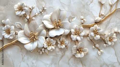 3D floral design, marble background, elegant white and gold blossoms