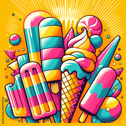 Vibrant and colorful illustration of various ice creams and popsicles against a bright yellow background