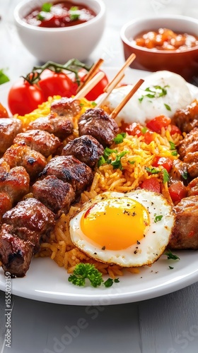 Delicious Hearty Breakfast Brunch Plate Grilled Meat Fried Egg Sauteed Vegetables