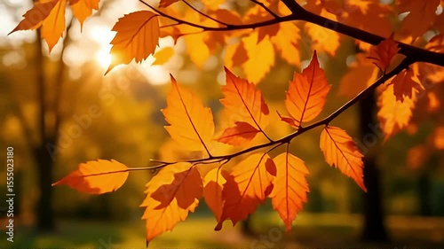 Autumn leaves glow in the sunlight, showcasing warm tones and seasonal beauty with a backdrop of trees in golden light.