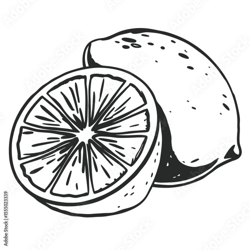 Hand drawn lemon fruit vector illustration with cross section detail