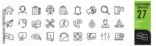 Customer service set of web icons in line style. Help and support. Support and service icons for web and mobile app. Online help, assistance, customer, 24 hrs, service and more. Vector illustration