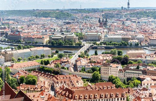 View of the Vltava and Old Town from bell tower of St Vitus Cathedral in the Prague in Czech Republic