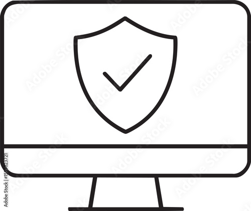Computer Security Icon Desktop Monitor Displaying a Shield with a Checkmark Representing Protected Data line
