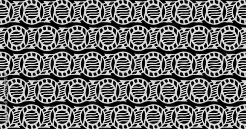 Black and white seamless pattern with linked oval shapes forming a structured, repeating geometric design ideal for backgrounds or textiles.