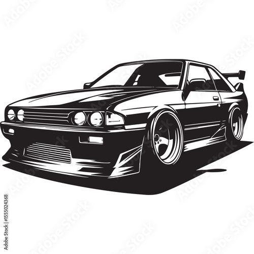 JDM Street Racer Vector – Custom Modified Drift Car Illustration in Black and White Style