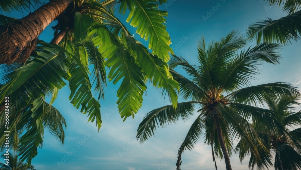 Fototapeta premium A tropical scene with palm trees and banana leaves against a blue sky with some clouds.