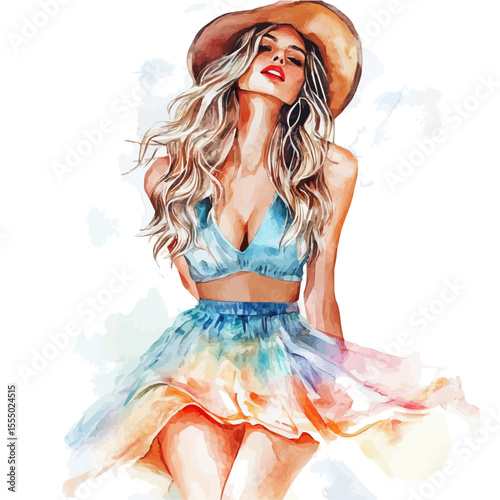 Women Posing Trendy Spring, watercolor painting vector, isolated on a white background.