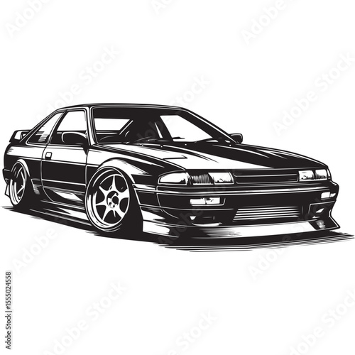 JDM Street Racer Vector – Custom Modified Drift Car Illustration in Black and White Style