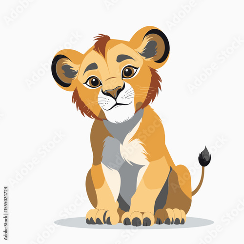 Cute lion cub with orange fur blacktipped tail and expressive eyes sits on white background
