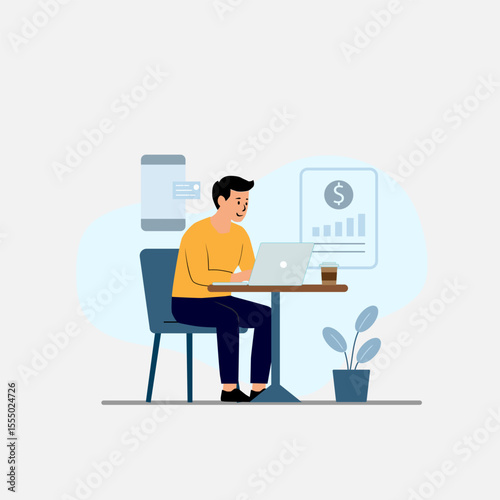 Man working remotely analyzing financial data from laptop at cafe with monimal icon background,Modern business vector flat design