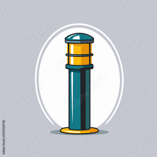 Blue bollard with yellow accents stands centered against a white oval on a gray background