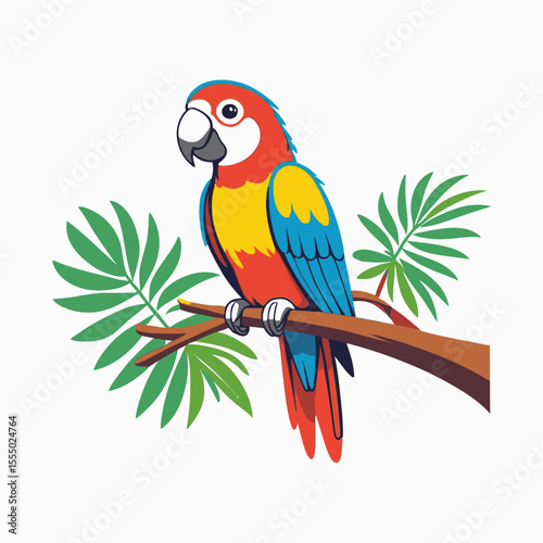 A vibrant parrot sits on a branch surrounded by lush green leaves