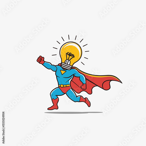 A lightbulbheaded superhero with a red cape sprints forward fist raised