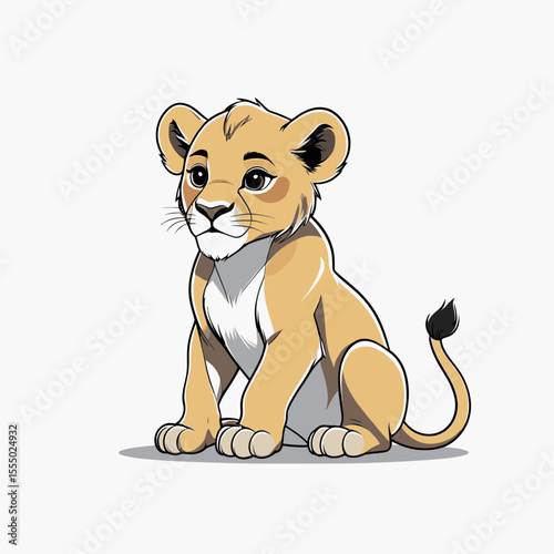 A cartoon lion cub sits depicted with a tan coat black tail tip and innocent eyes