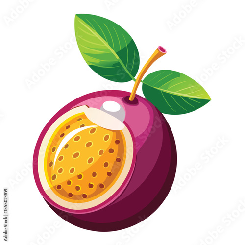 Passion fruit half vector illustration with seeds and leaves on white background
