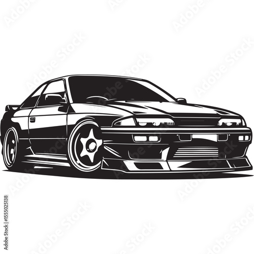 JDM Street Racer Vector – Custom Modified Drift Car Illustration in Black and White Style