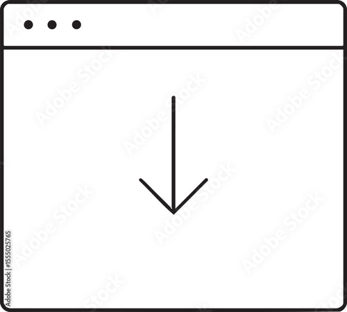 Simple Browser Window Outline with Download Arrow Representing Downloading Installation or Data Transfer Processes minimalist