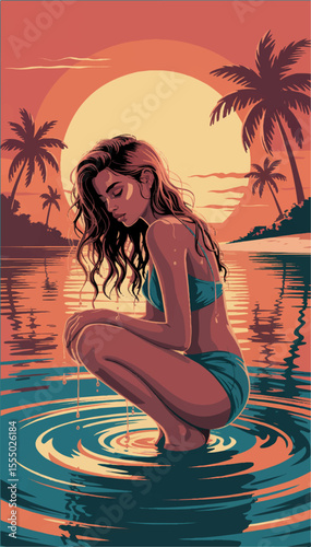 A girl sits in the ocean water against a backdrop of palm trees and sunset_04.