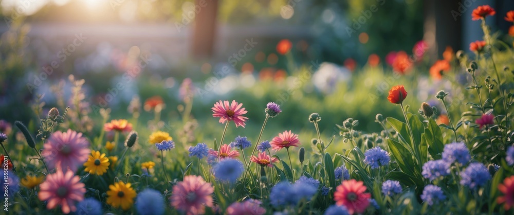 Obraz premium Colorful garden of flowers with vibrant pinks, purples, yellows, and reds in a lush, sunny setting. Bright, lively, and blooming nature scene.