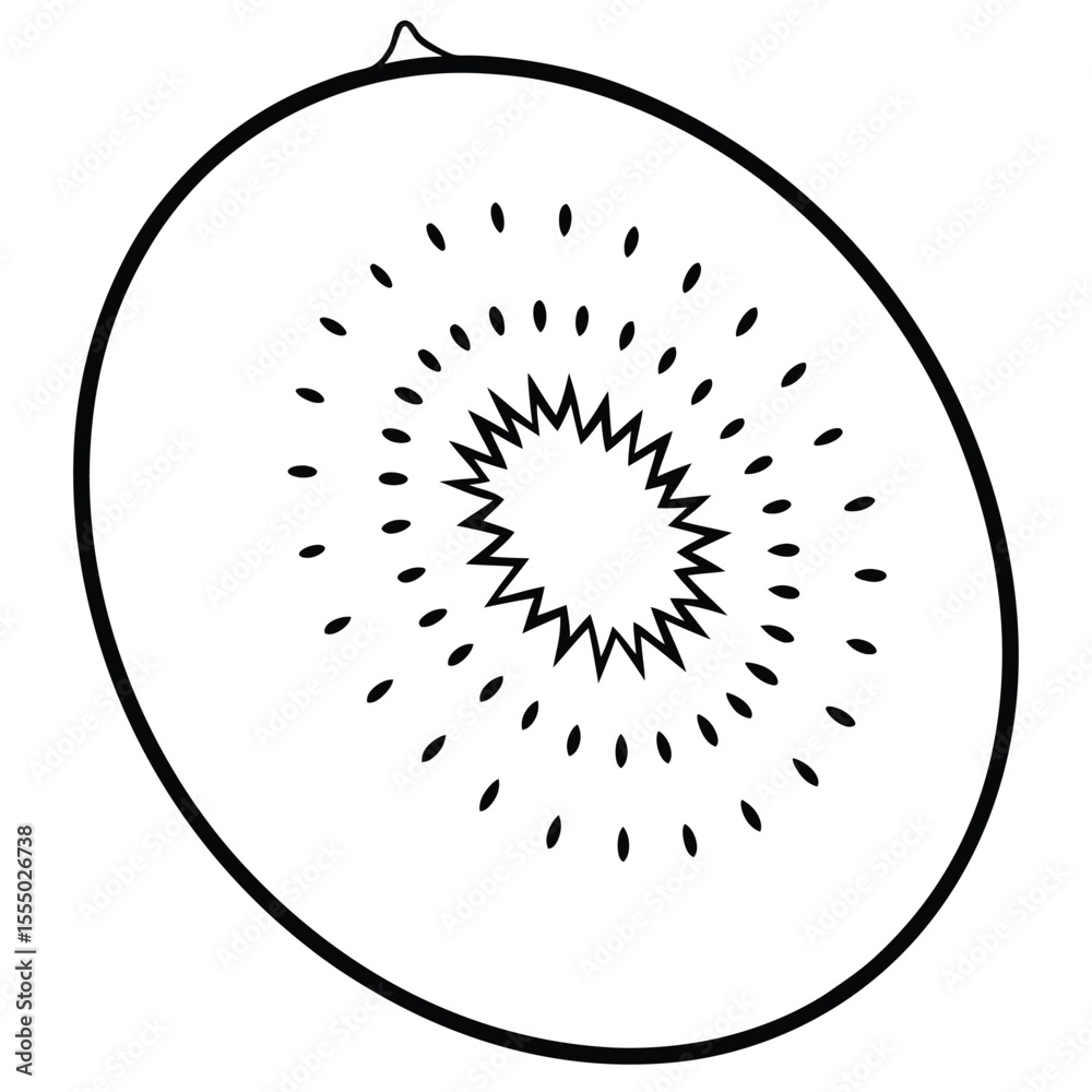 Simple black and white line art of half kiwi fruit design Simple black and white line art of half kiwi fruit design