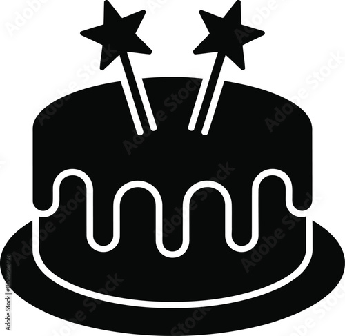 A Black and White Illustration of a Birthday Cake with Dripping Frosting and Two Star Toppers Perfect for Celebrations and Festive Occasions Simple and Elegant