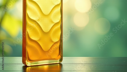 A closeup of a honey jar with honeycomb design, highlighting natural sweetness and golden hues.