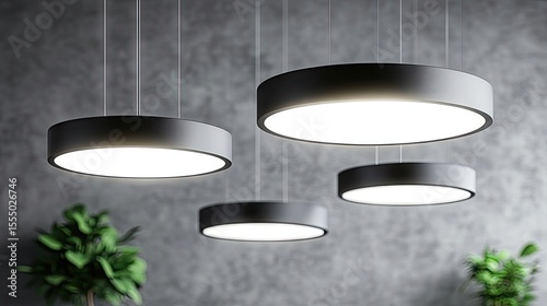 Modern circular pendant lights against a textured wall.