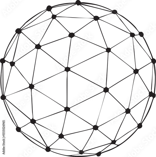 Abstract Black and White Geometric Sphere with Triangular Facets and Connecting Nodes on a White Background