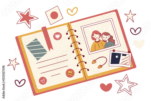 Flat lay of an open scrapbook showcasing friendship memories and mementos