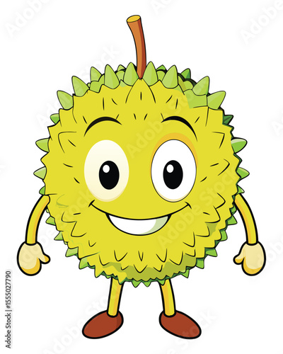 Smiling durian cartoon character with arms and legs isolated on white background