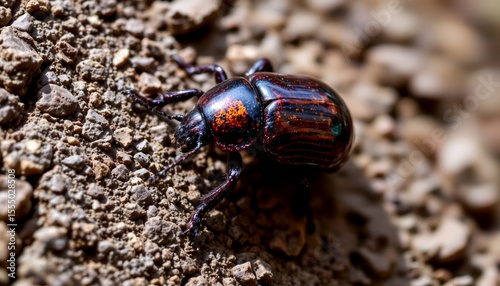 a shiny beetle crawling on tree bark, close up shot highlighting the texture of its shell, natural low light under forest canopy