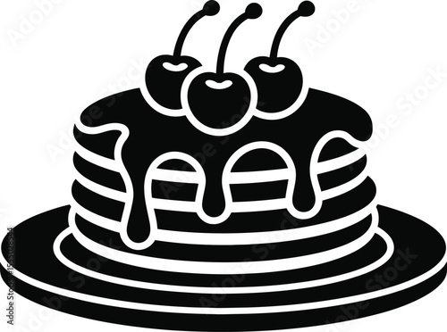 Monochrome illustration of a stack of pancakes topped with syrup and three cherries presented on a plate conveying a sweet and delicious breakfast or dessert