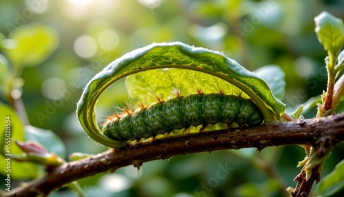 a caterpillar hiding under a curled leaf in early morning light, misty background and rich green tones, nature macro mood