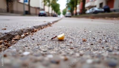 a tiny ant lifting a breadcrumb on concrete sidewalk, captured from side profile with dramatic angle and city background blur