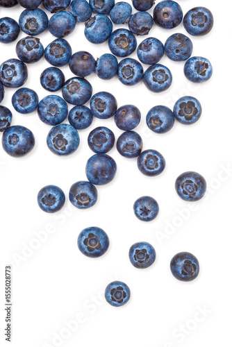 Ripe blueberries isolated on white background. Harvesting, organic fruits, top view