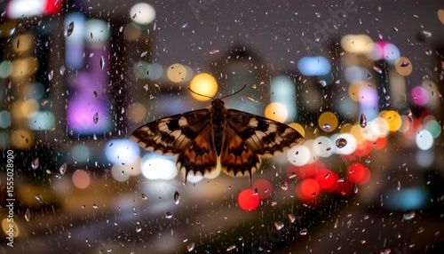 a moth resting on a windowpane during rainy night, city lights bokeh in the background and raindrops on the glass