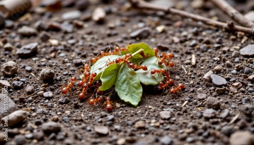 a colony of red ants working together to carry leaf pieces back to their nest, forest floor perspective with dirt and twigs in background