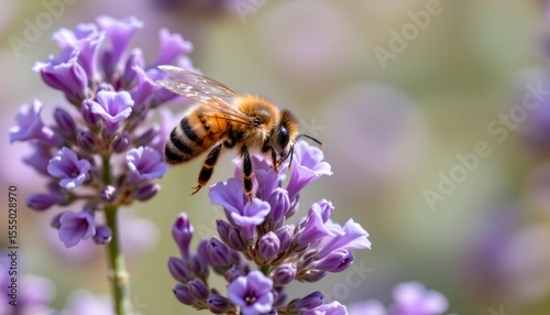 realistic macro of a bee gathering pollen from a lavender flower, soft purple background, natural afternoon sunlight, sharp wing details