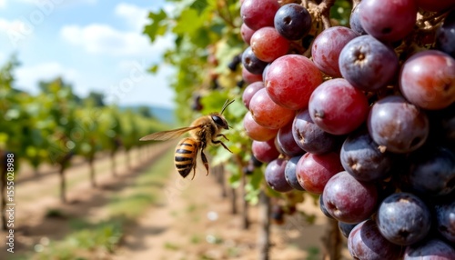 a hornet hovering near a cluster of ripe grapes in a vineyard, focus on glossy body and blurred summer field in the background