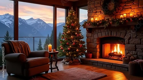 Cozy winter scene features a crackling fireplace, decorated tree, and a stunning mountain vista at sunset.