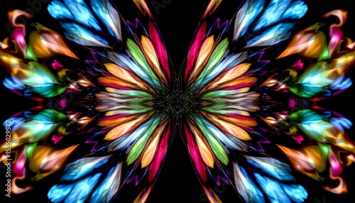 abstract composition of butterfly wings forming a kaleidoscope pattern, high contrast colors on black background